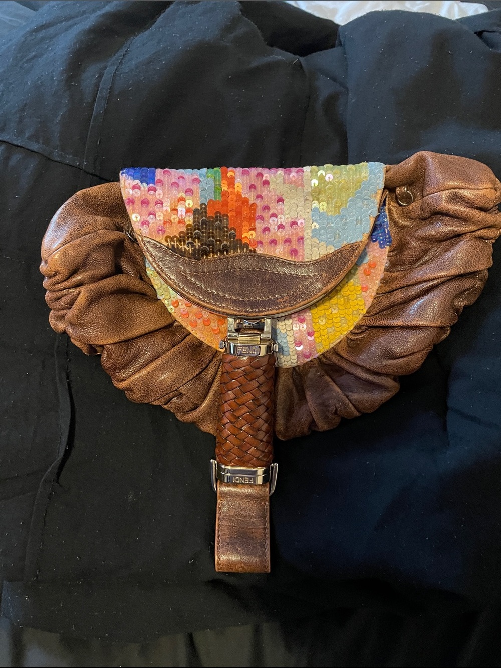 Sequin Multicolor Flap Brown Leather Shoulder Bag